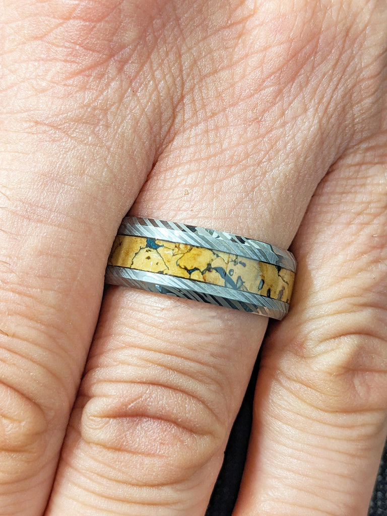 Men Wedding Band, Damascus Ring, 8mm Tungsten Ring Men, Unique Dinosaur Fossil Ring