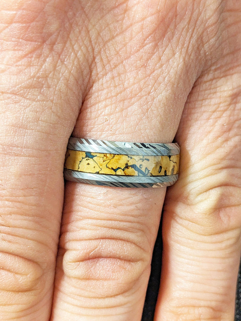 8mm Men's Tungsten Ring, Dinosaur Bone Inlay Ring, Brushed Finish Mokume Gane Tungsten Wedding Band, Gifts for Boyfriend, Men's Jewelry