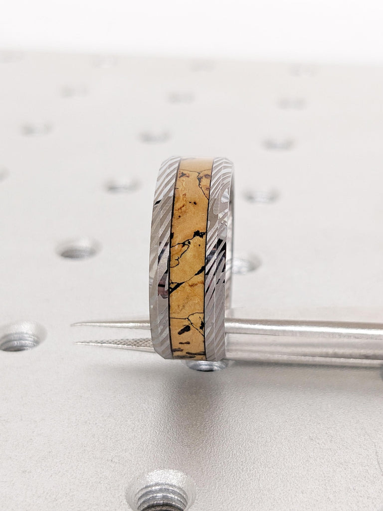Mokume Gane Tungsten Ring for Men, Dinosaur Bone Ring, Damascus Ring, T-Rex Fossil Ring, 8mm Pattern Polished Finish Ring, Gift for Him