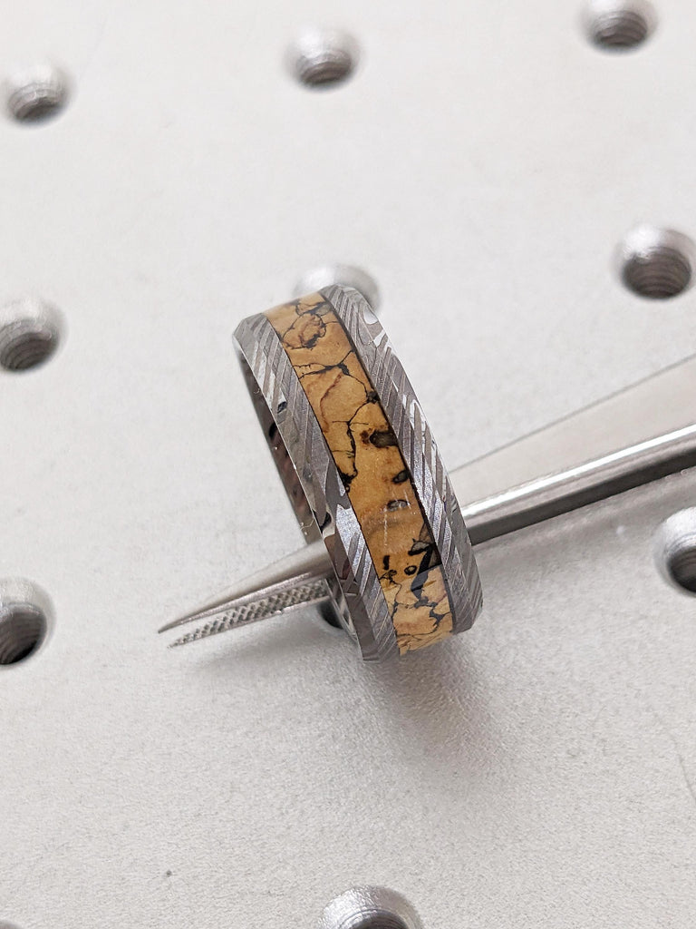 8mm Men&#39;s Tungsten Ring, Dinosaur Bone Inlay Ring, Brushed Finish