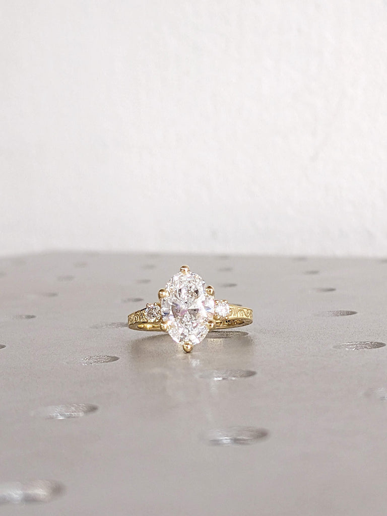 Oval Lab Created Diamond Engagement Ring, 14K Yellow Gold Round Side Diamond Wedding Ring