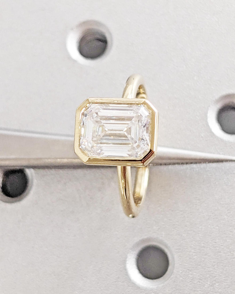 Emerald Cut Moissanite Engagement Ring: Solitaire Bezel Setting Statement Wedding Ring in Solid 14K Yellow Gold