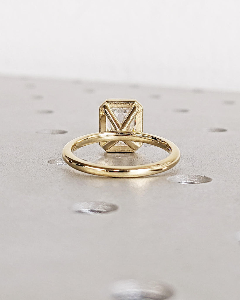 Vintage Emerald Cut Moissanite Solitaire Ring | 14K Yellow Gold Engagement Ring | Bezel Setting Statement Ring | Anniversary Ring For Women