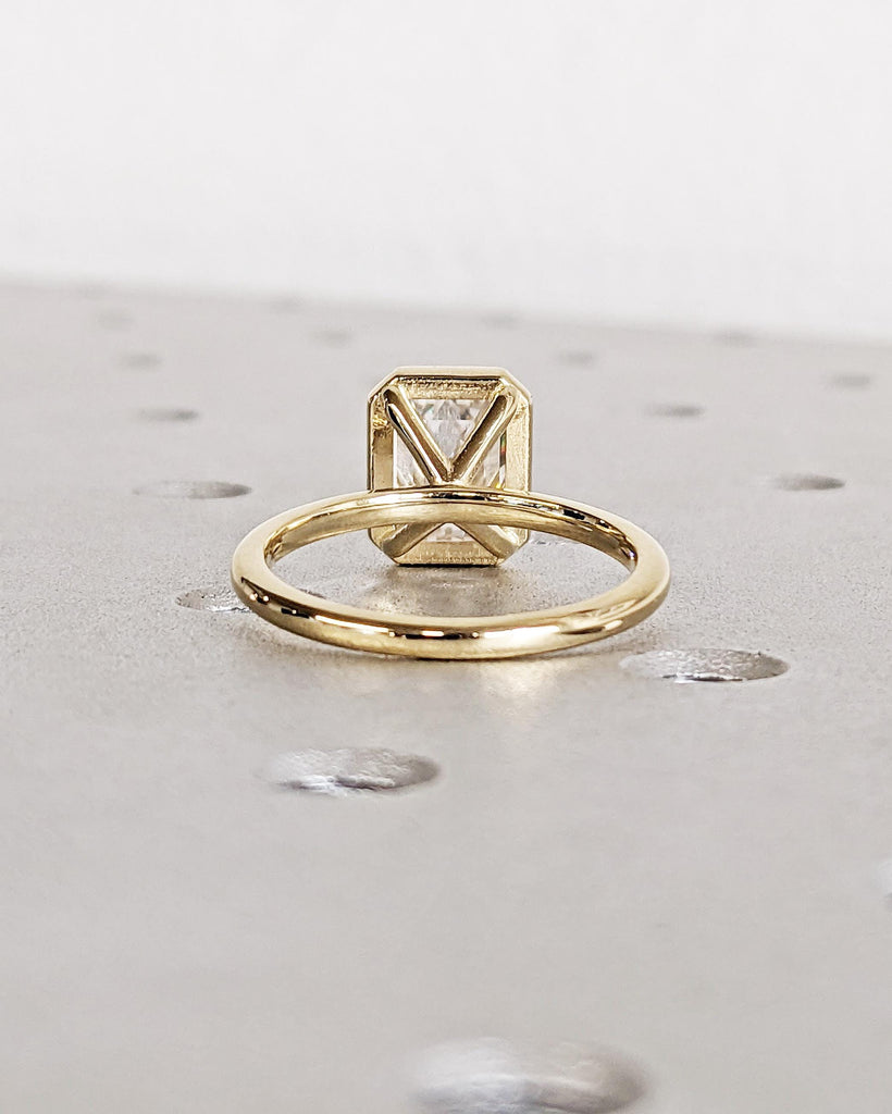Vintage Emerald Cut Moissanite Solitaire Ring | 14K Yellow Gold Engagement Ring | Bezel Setting Statement Ring | Anniversary Ring For Women