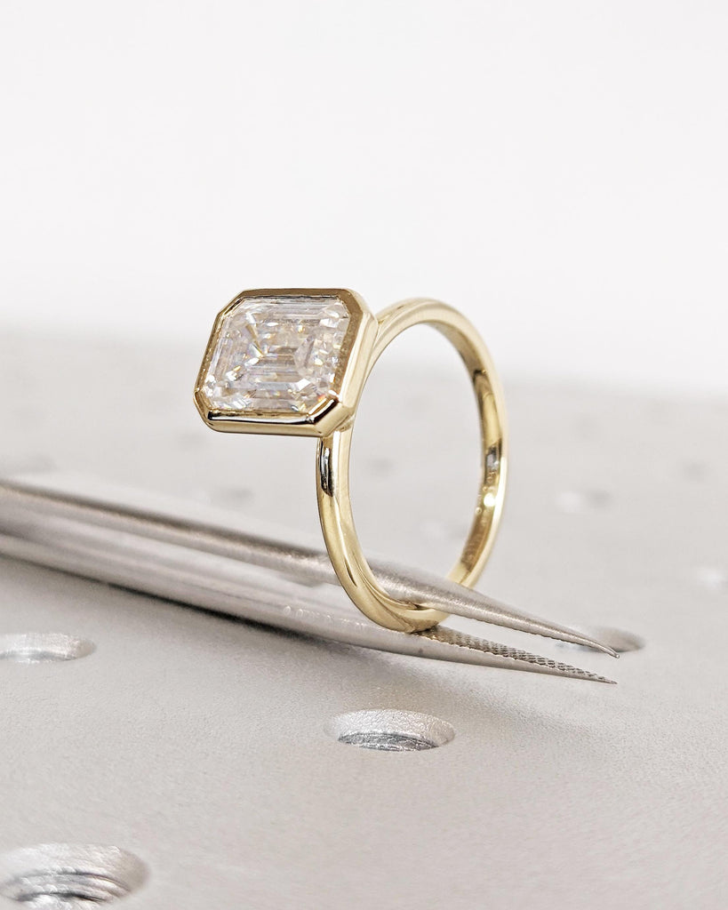 Emerald Cut Moissanite Engagement Ring: Solitaire Bezel Setting Statement Wedding Ring in Solid 14K Yellow Gold