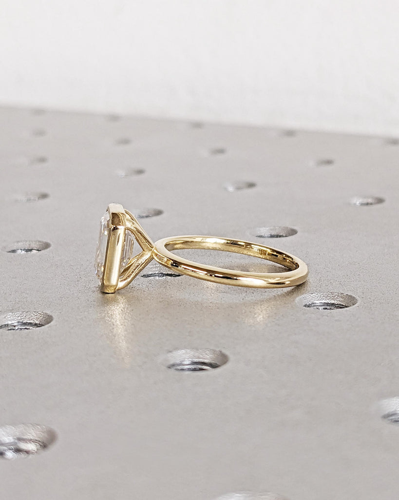 Vintage Emerald Cut Moissanite Solitaire Ring | 14K Yellow Gold Engagement Ring | Bezel Setting Statement Ring | Anniversary Ring For Women