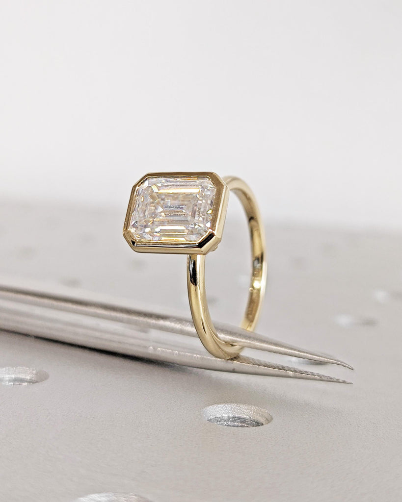Emerald Cut Moissanite Engagement Ring: Solitaire Bezel Setting Statement Wedding Ring in Solid 14K Yellow Gold