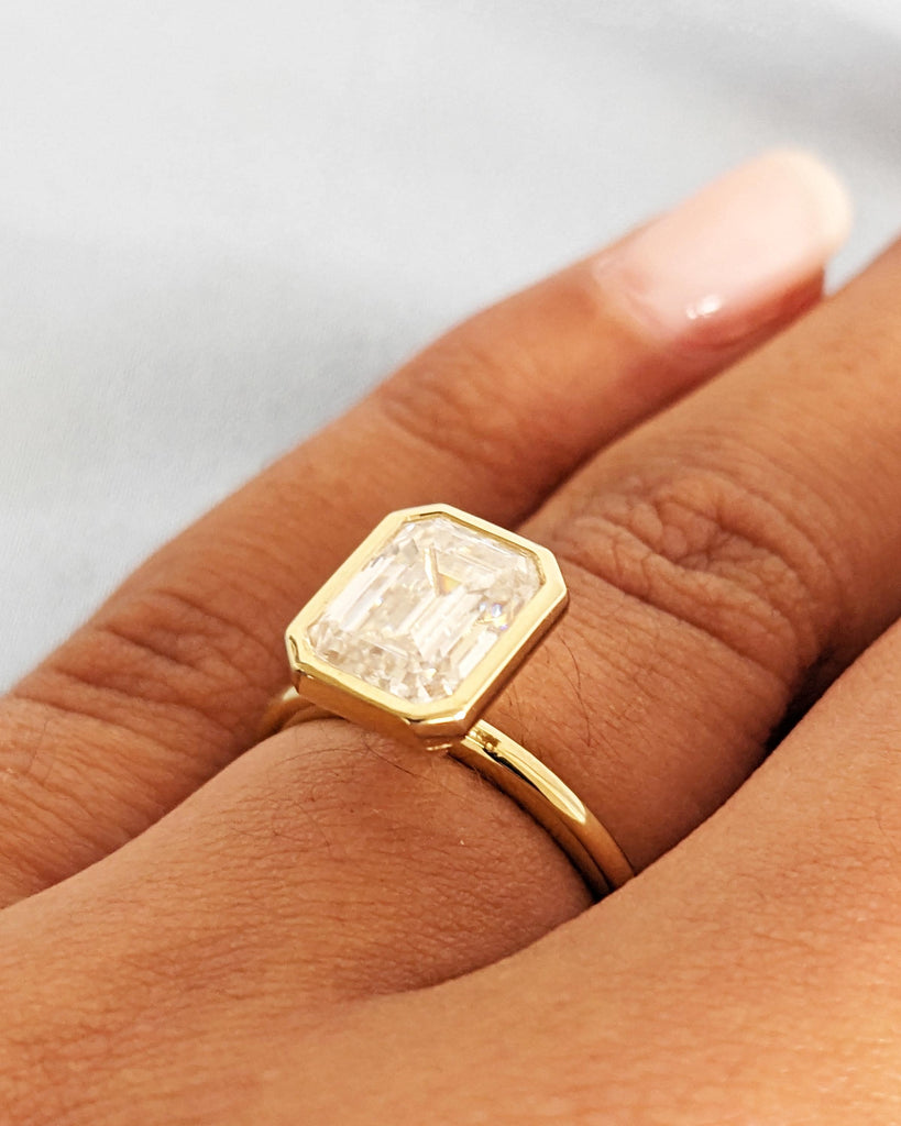 Vintage Emerald Cut Moissanite Solitaire Ring | 14K Yellow Gold Engagement Ring | Bezel Setting Statement Ring | Anniversary Ring For Women