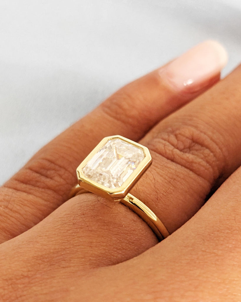 Vintage Emerald Cut Moissanite Solitaire Ring | 14K Yellow Gold Engagement Ring | Bezel Setting Statement Ring | Anniversary Ring For Women