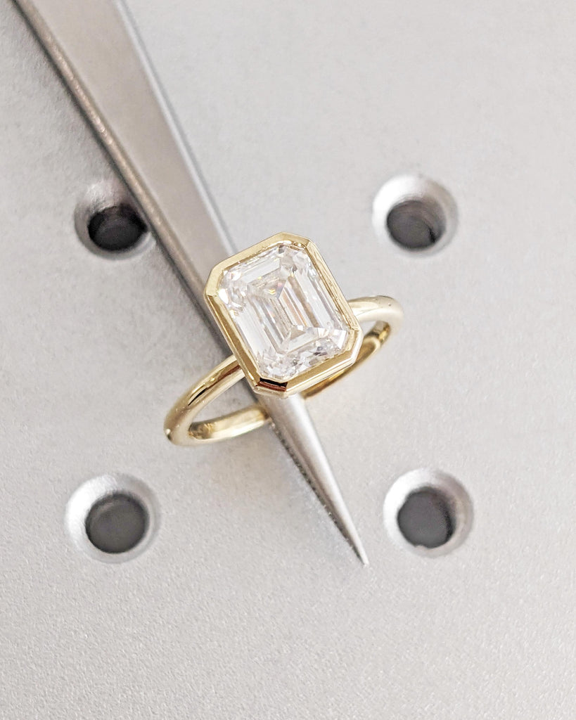 Vintage Emerald Cut Moissanite Solitaire Ring | 14K Yellow Gold Engagement Ring | Bezel Setting Statement Ring | Anniversary Ring For Women