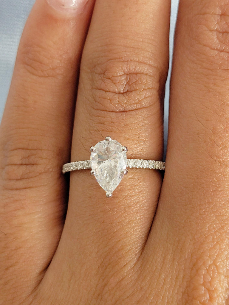 Moissanite Engagement Ring: Pear Cut, 14K White Gold, Pave Halo Diamond