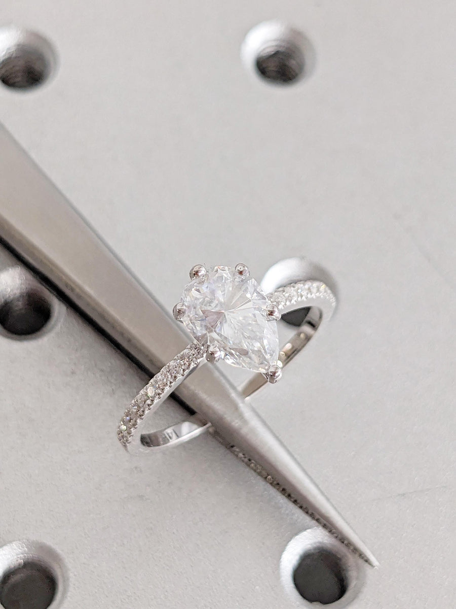 Lab Grown Diamond Engagement Ring, Pear Cut Ring, 14K White Gold Pave ...