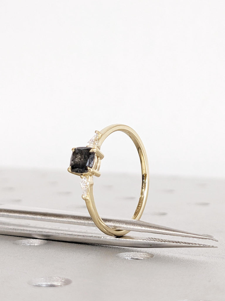 Salt and Pepper Diamond Ring, Cushion Cut Engagement Ring, 14K Yellow Gold Wedding Ring, Salt and Pepper Ring With Side Diamond & Moissanite