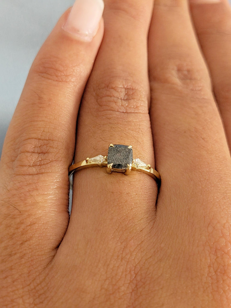 Salt and Pepper Diamond Ring, Cushion Cut Engagement Ring, 14K Yellow Gold Wedding Ring, Salt and Pepper Ring With Side Diamond & Moissanite
