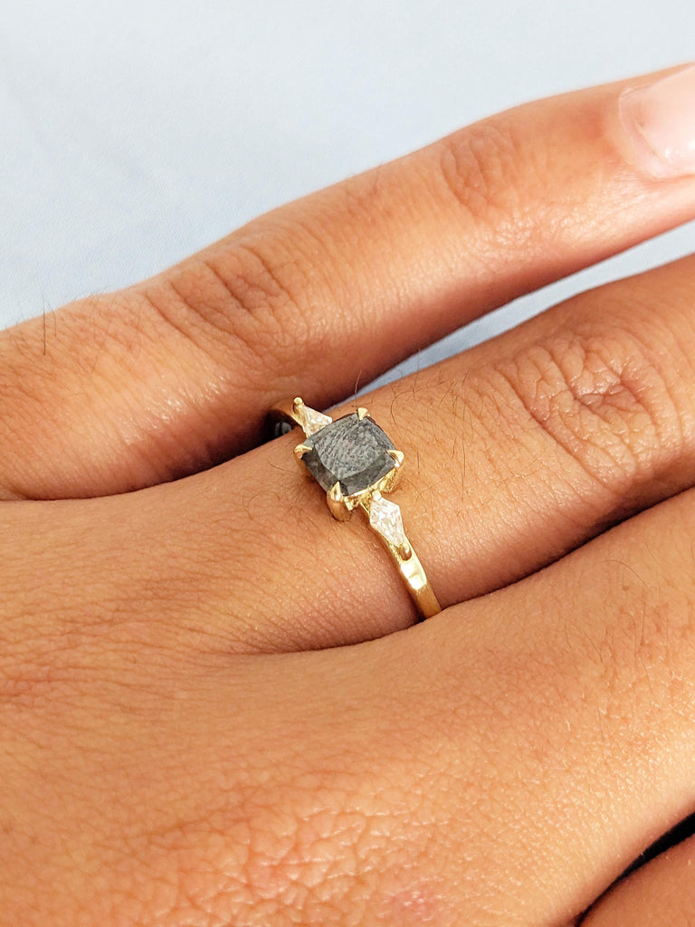Salt and Pepper Diamond Ring, Cushion Cut Engagement Ring, 14K Yellow Gold Wedding Ring, Salt and Pepper Ring With Side Diamond & Moissanite