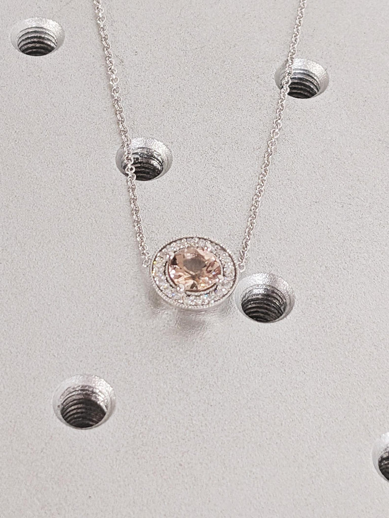 Round Cut Lab Morganite and Halo Diamond Necklace, 14K White Gold Peach Natural Morganite Pendant, Necklace For Women, Anniversary Gift