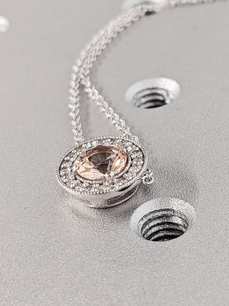 Round Cut Lab Morganite and Halo Diamond Necklace, 14K White Gold Peach Natural Morganite Pendant, Necklace For Women, Anniversary Gift