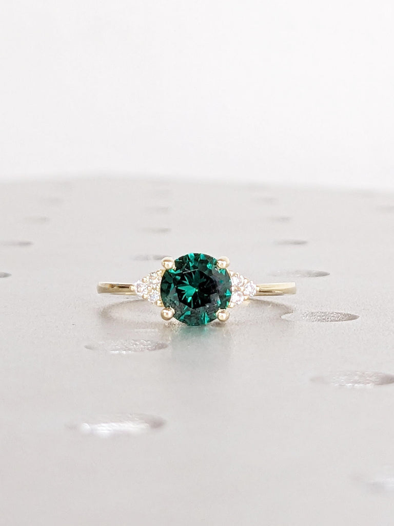 Lab Grown Green Sapphire Ring, Diamond Cluster 14k Solid Gold Engagement Ring