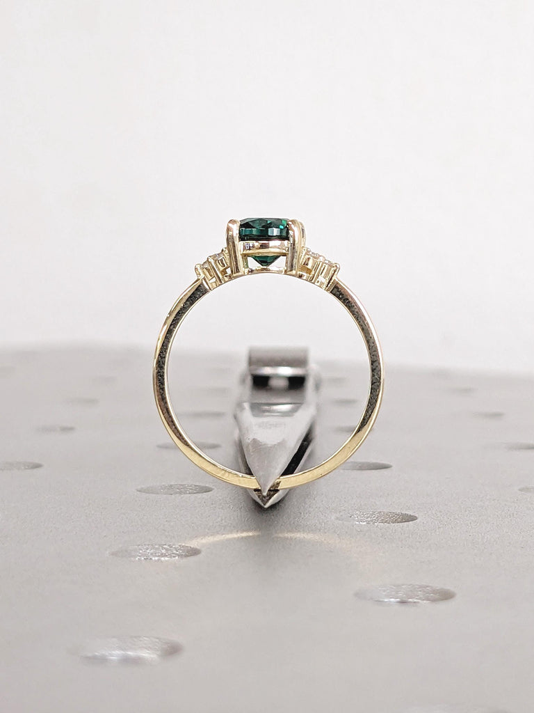 Lab Grown Green Sapphire Ring, Diamond Cluster 14k Solid Gold Engagement Ring