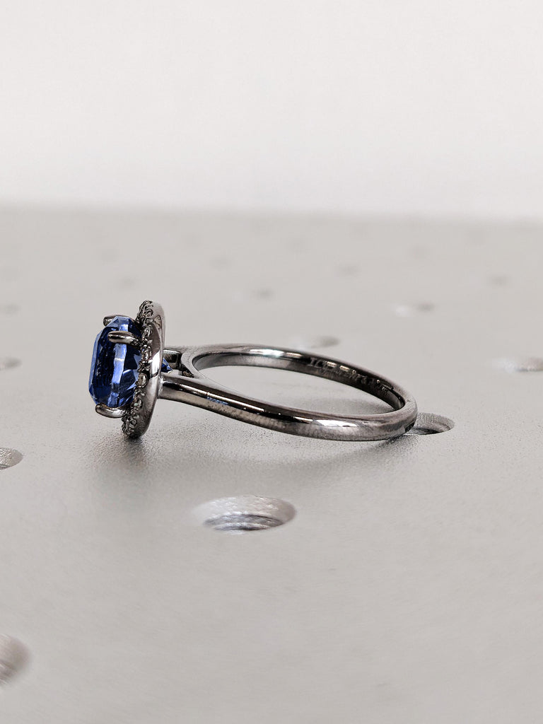 Diamond Halo Sapphire Engagement Ring, Blue Virgo Birthstone Women’s Black Gold Wedding Band