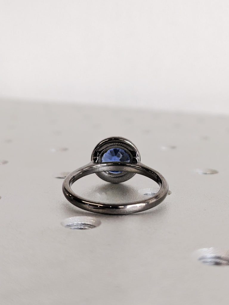 Diamond Halo Sapphire Engagement Ring, Blue Virgo Birthstone Women’s Black Gold Wedding Band