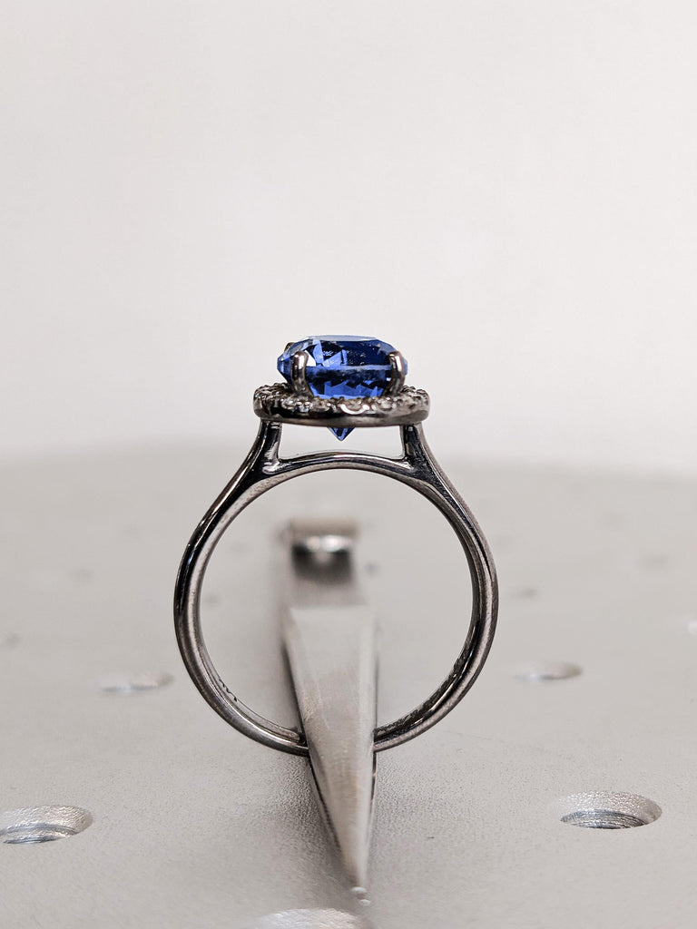 Diamond Halo Sapphire Engagement Ring, Blue Virgo Birthstone Women’s Black Gold Wedding Band