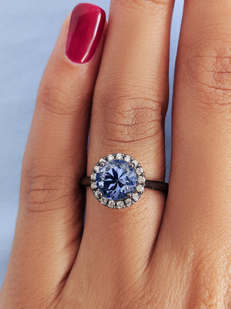 Diamond Halo Sapphire Engagement Ring, Blue Virgo Birthstone Women’s Black Gold Wedding Band