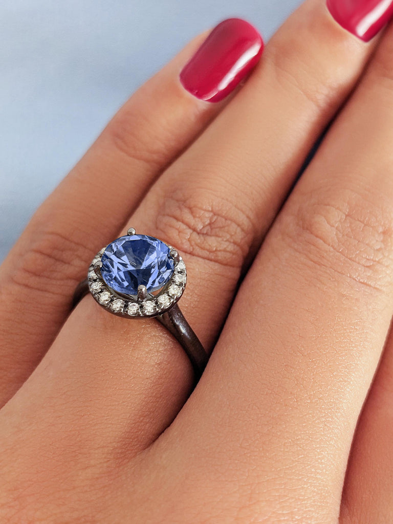 Diamond Halo Sapphire Engagement Ring, Blue Virgo Birthstone Women’s Black Gold Wedding Band