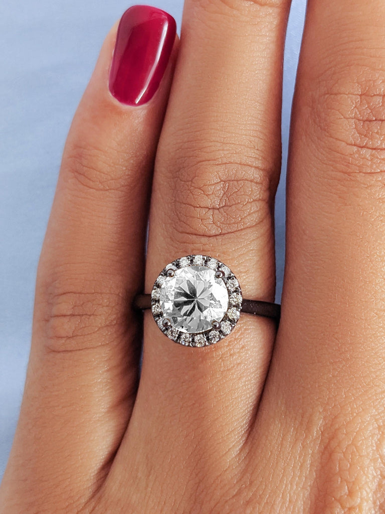 Black Gold Lab Grown Diamond Wedding Ring, Round Diamond Halo Engagement Band For Her