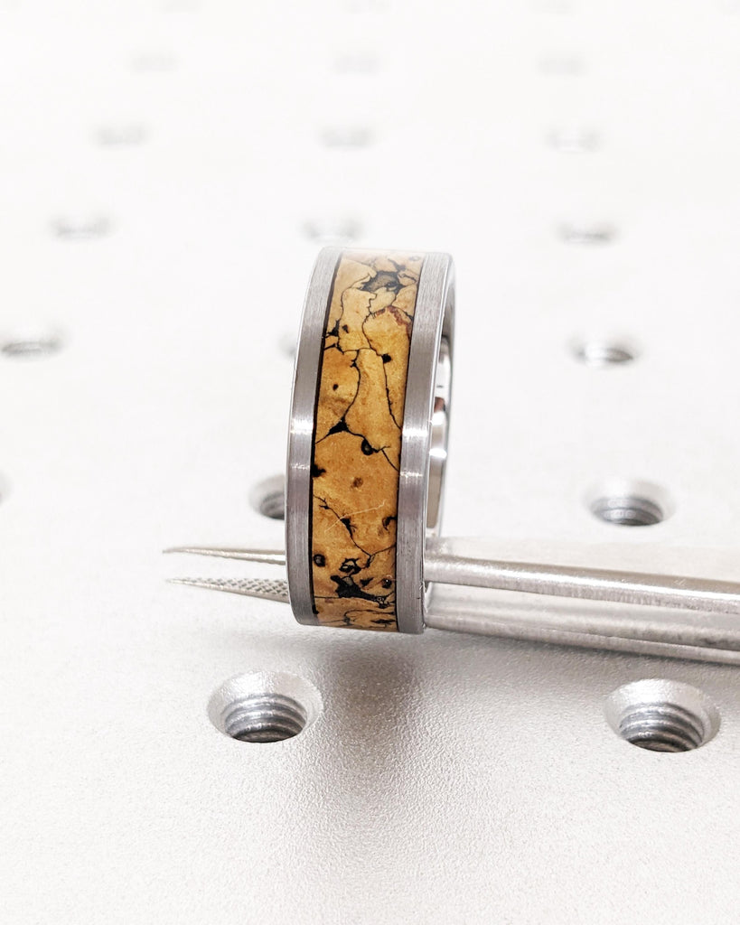 Dinosaur Bone Wedding Ring: Silver Tungsten Band, Jurassic Dinosaur Fossil Pattern Inlay, Brushed Finish, Unique Men&#39;s Ring 8mm