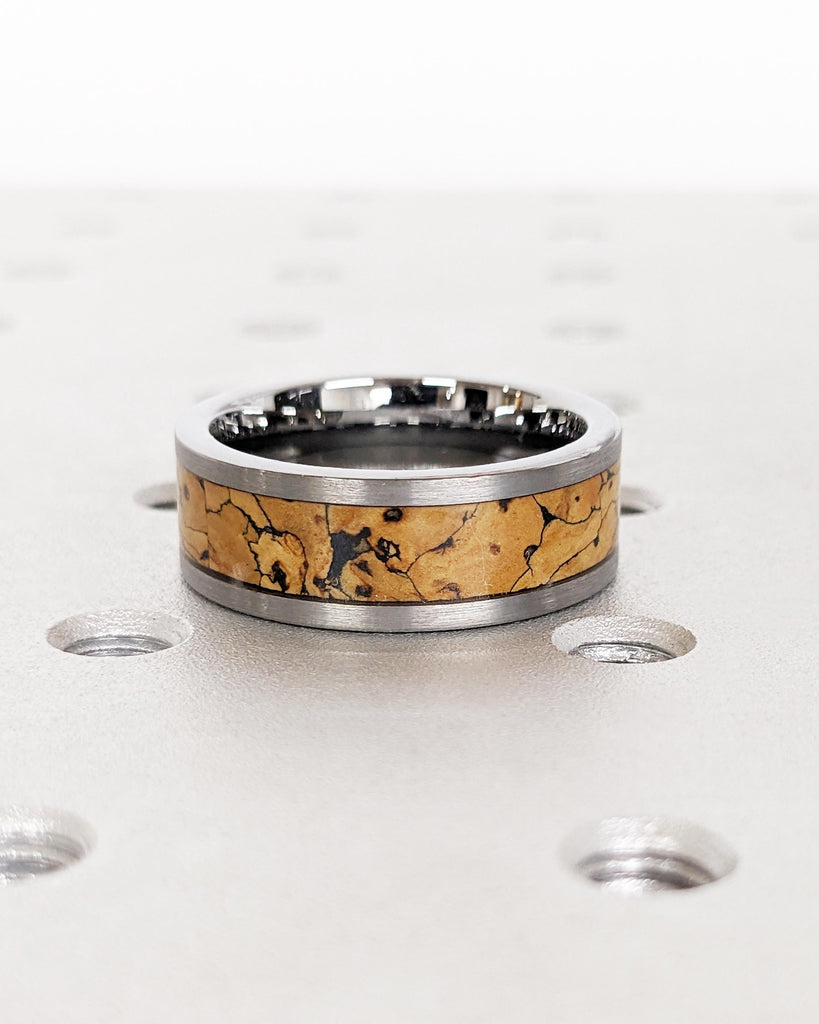 8MM Men&#39;s Tungsten Carbide Ring | Dinosaur Bone Ring | Brushed Tungsten Wedding Band | Dinosaur Bone Inlay | Comfort Fit Men&#39;s Wedding Band