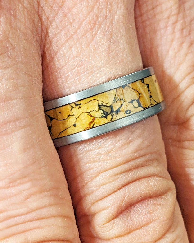 8MM Men's Tungsten Carbide Ring | Dinosaur Bone Ring | Brushed Tungsten Wedding Band | Dinosaur Bone Inlay | Comfort Fit Men's Wedding Band