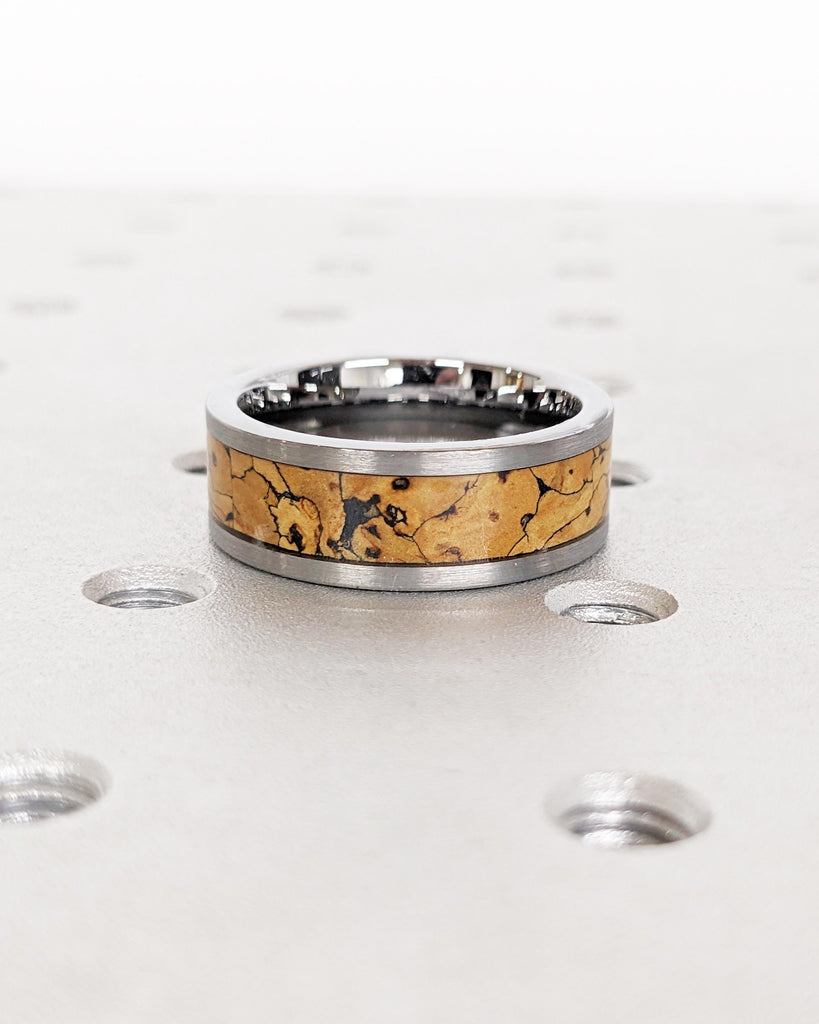 8MM Men's Tungsten Carbide Ring | Dinosaur Bone Ring | Brushed Tungsten Wedding Band | Dinosaur Bone Inlay | Comfort Fit Men's Wedding Band