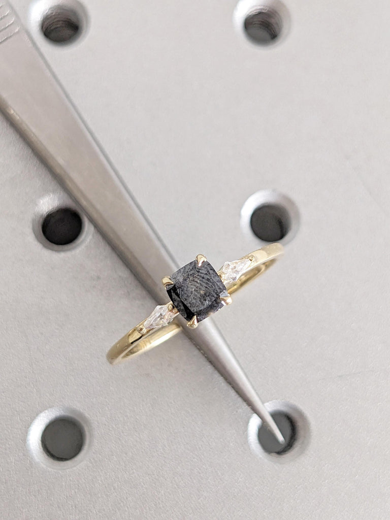 Cushion Cut Salt and Pepper Diamond Ring: 14K Yellow Gold Engagement Ring