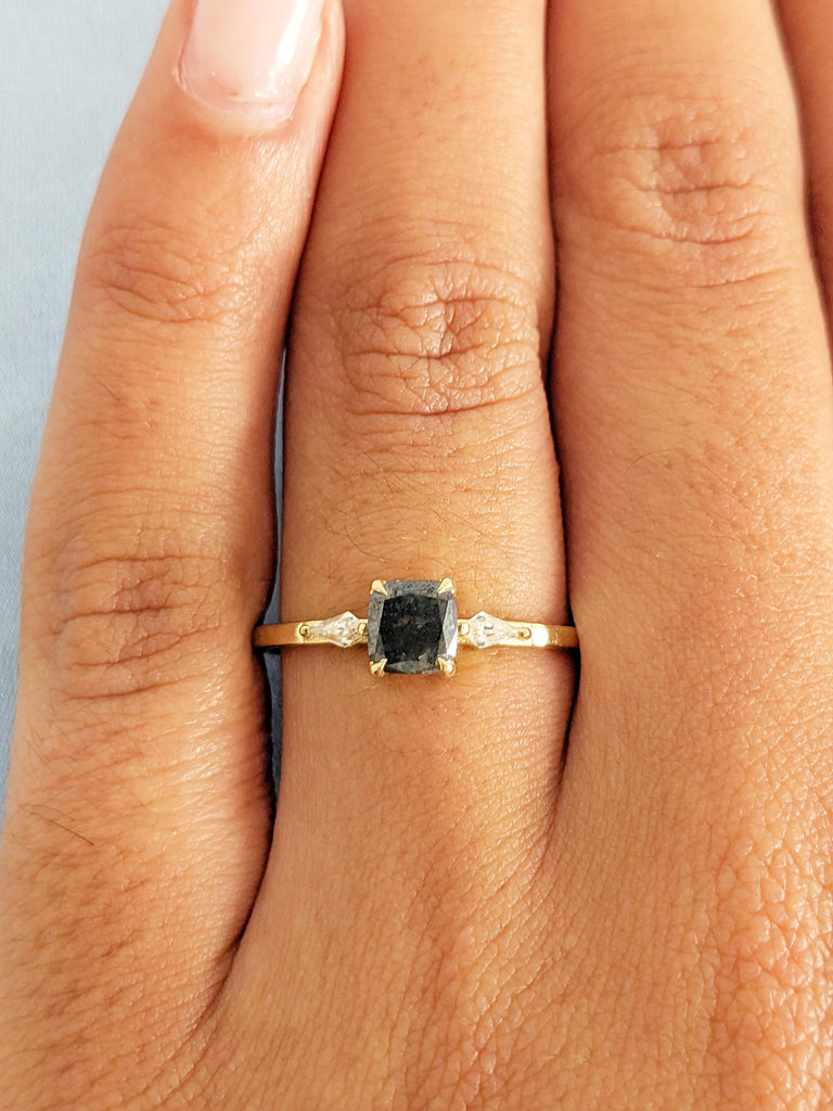 Cushion Cut Salt and Pepper Diamond Ring: 14K Yellow Gold Engagement Ring