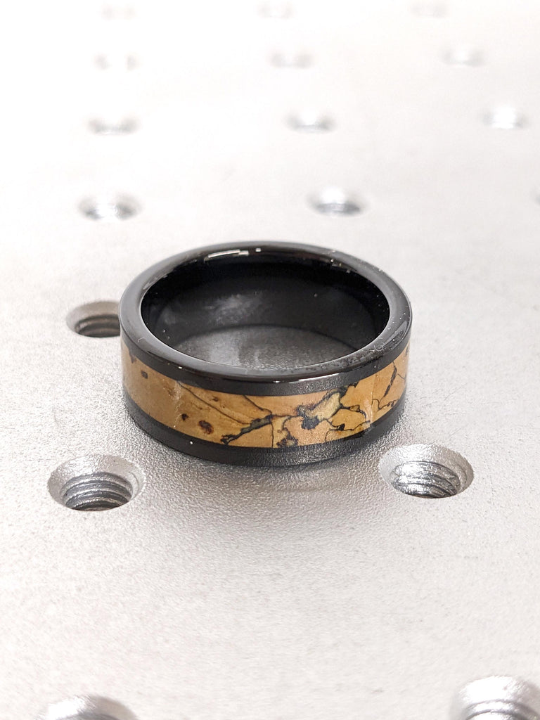 8MM Comfort Fit Dinosaur Bone Inlay Male Wedding Band | Polished Shiny Black Tungsten Ring | Men's Ring | Unique Handmade Jewelry for Him