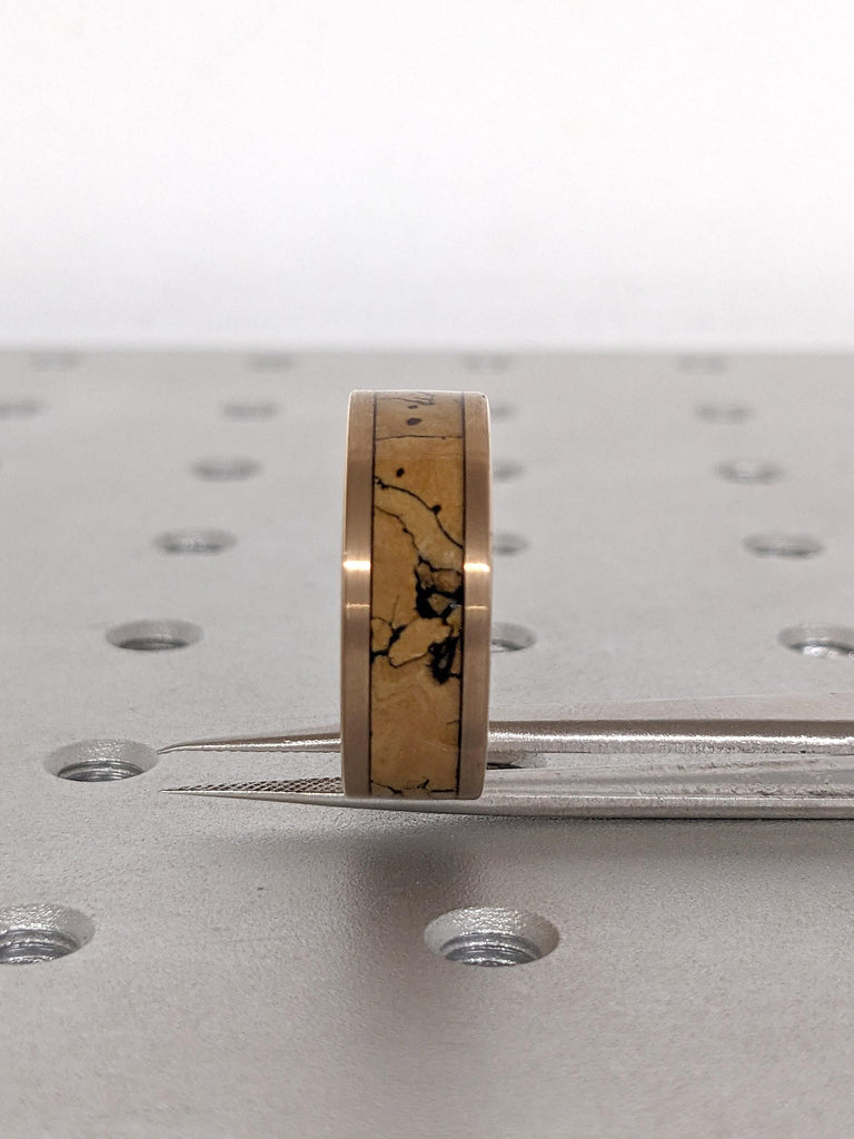 Brushed Rose Gold Wedding Ring for Him 8MM Comfort Fit | Dinosaur Bone Inlay Male Wedding Band | Rose Gold Tungsten Ring | Tungsten Bands