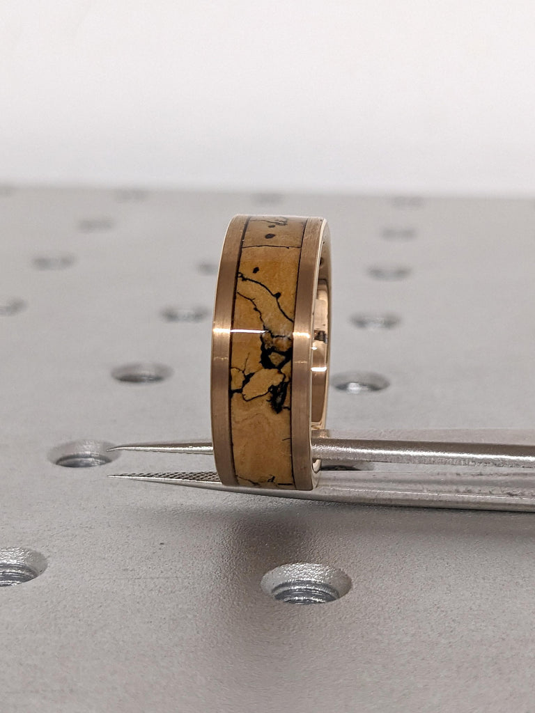 Brushed Rose Gold Wedding Ring for Him 8MM Comfort Fit | Dinosaur Bone Inlay Male Wedding Band | Rose Gold Tungsten Ring | Tungsten Bands