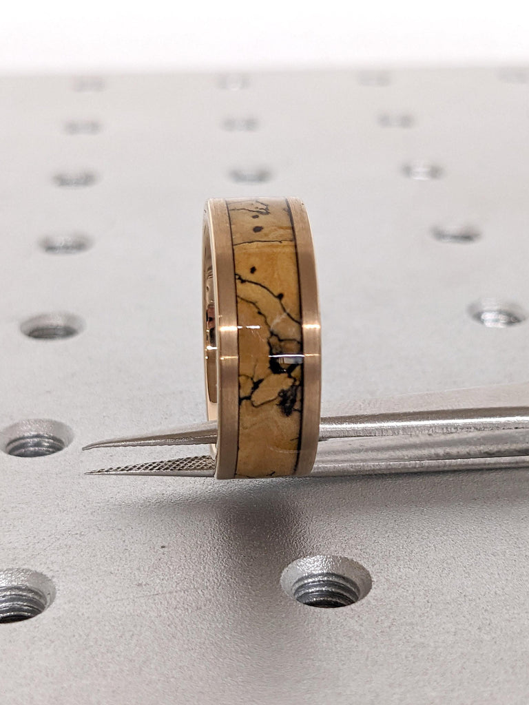 Brushed Rose Gold Wedding Ring for Him 8MM Comfort Fit | Dinosaur Bone Inlay Male Wedding Band | Rose Gold Tungsten Ring | Tungsten Bands