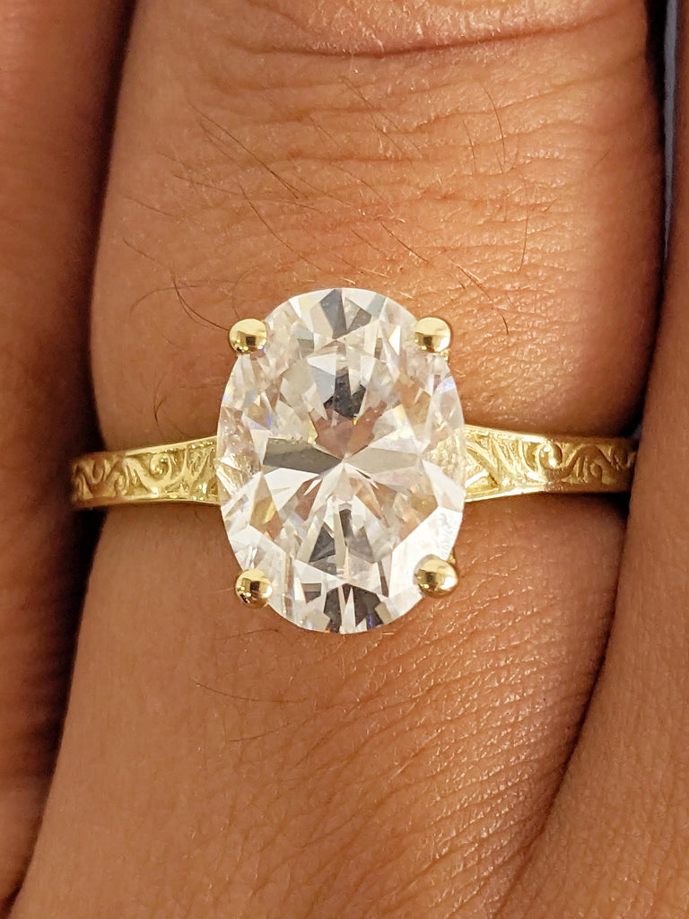 Oval Moissanite Engagement Ring, Filigree 4 prong 14k Yellow Gold Band, Vintage Solitaire Wedding Anniversary Ring, Unique Bridal Jewelry