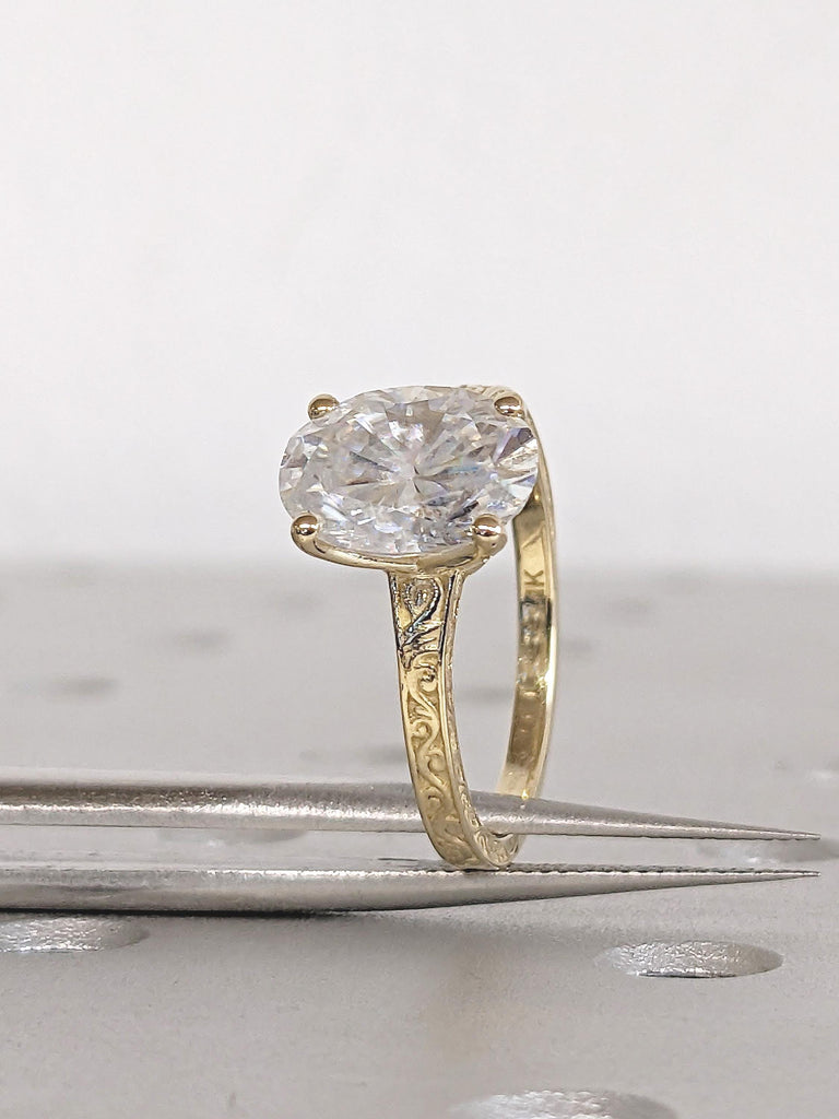 Oval Moissanite Engagement Ring, Filigree 4 prong 14k Yellow Gold Band, Vintage Solitaire Wedding Anniversary Ring, Unique Bridal Jewelry