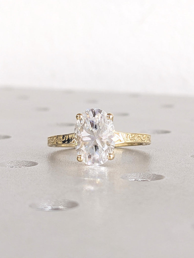 Oval Moissanite Engagement Ring, Filigree 4 prong 14k Yellow Gold Band, Vintage Solitaire Wedding Anniversary Ring, Unique Bridal Jewelry