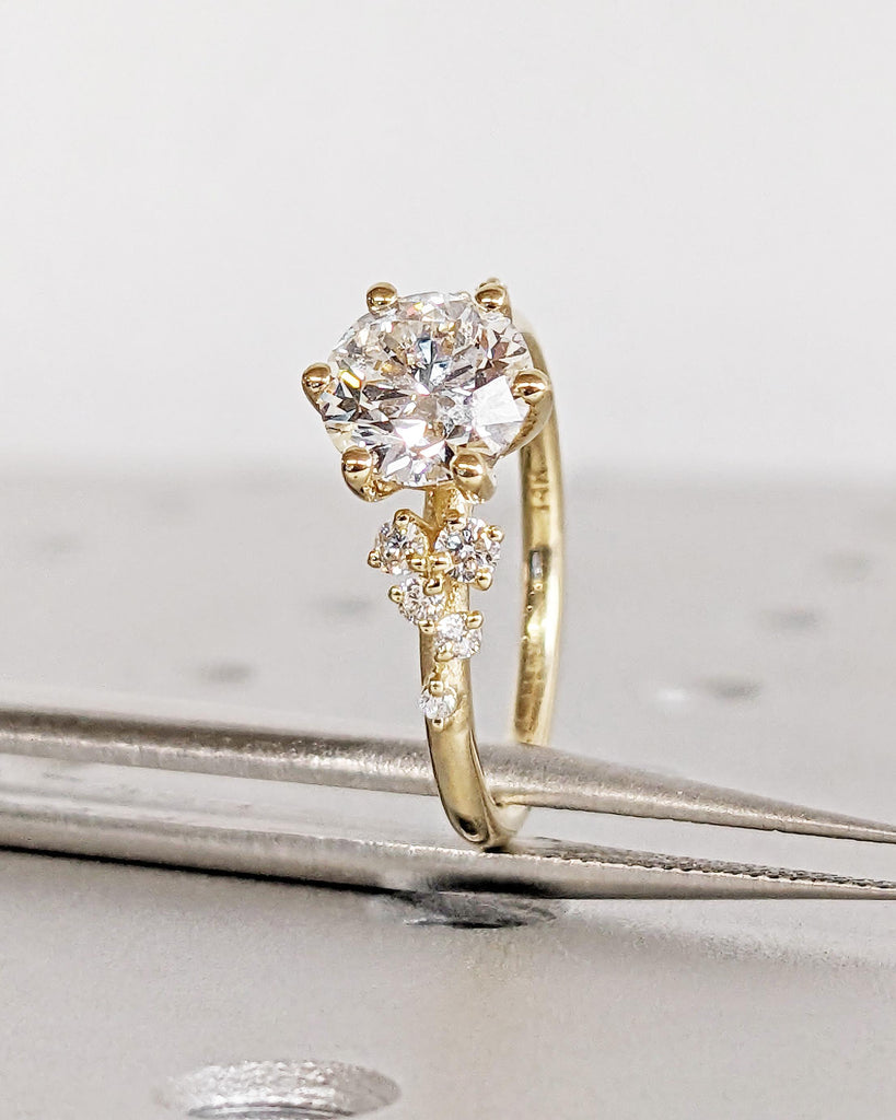 Round Lab Grown Diamond 14K Solid Gold Engagement Ring, Unique Snowdrift 6 Prong Diamond Cluster Promise Ring, Vintage Wedding Ring for Her