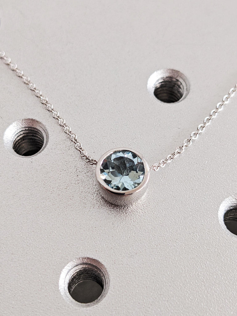 Round Cut Lab Aquamarine Necklace, 14K Solid Yellow Gold Dainty Diamond Pendant, Everyday Jewelry