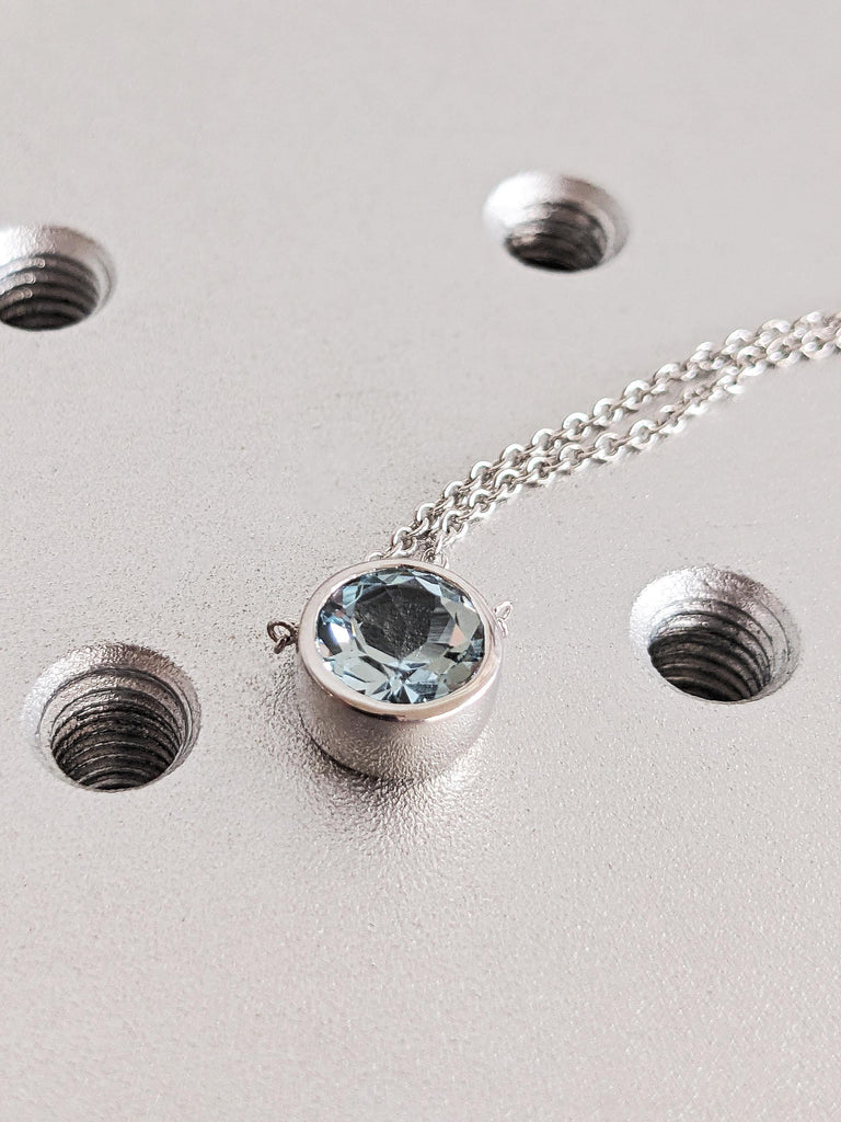 Round Cut Lab Aquamarine Necklace, 14K Solid Yellow Gold Dainty Diamond Pendant, Everyday Jewelry