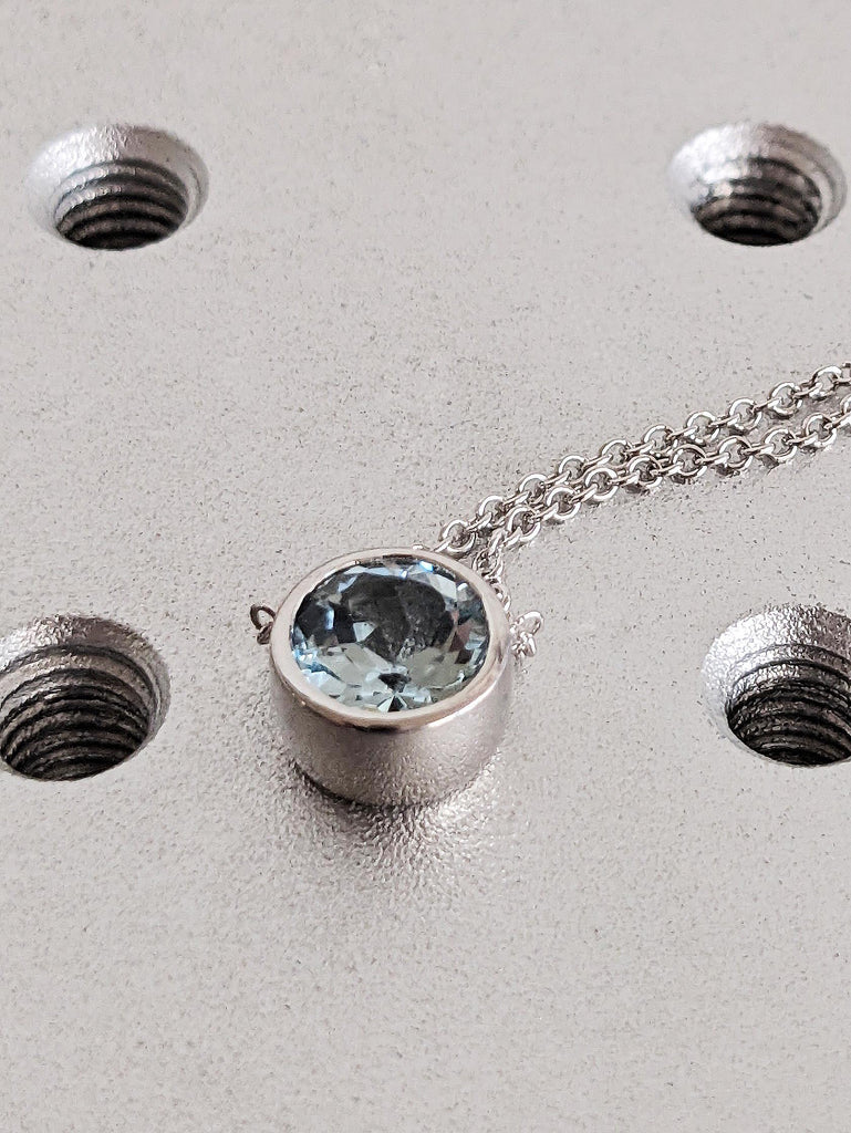 14K White Gold Round Cut Lab Aquamarine Necklace, Solitaire Light Blue March Birthstone, Delicate Pendant