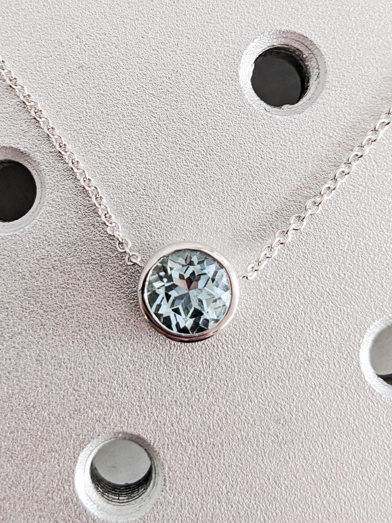 14K White Gold Round Cut Lab Aquamarine Necklace, Solitaire Light Blue March Birthstone, Delicate Pendant