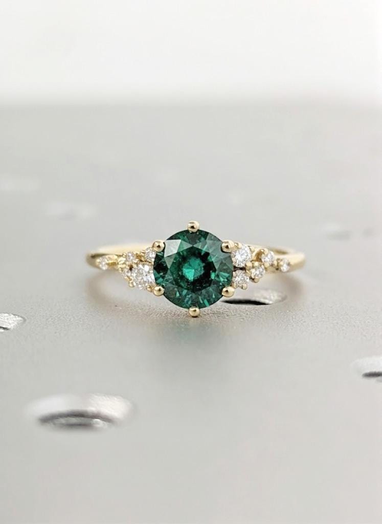 Green Lab Emerald Ring, Round Emerald Wedding Ring, Art Deco Snowdrift Diamond Cluster Engagement Ring, 18K Yellow Gold Promise Ring For Her