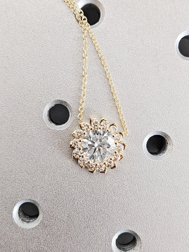 14K Solid Yellow Gold Round Moissanite Engagement Pendant, Flower Diamond Women's Chain Necklace, Everyday Jewelry, Birthday Gift for Her