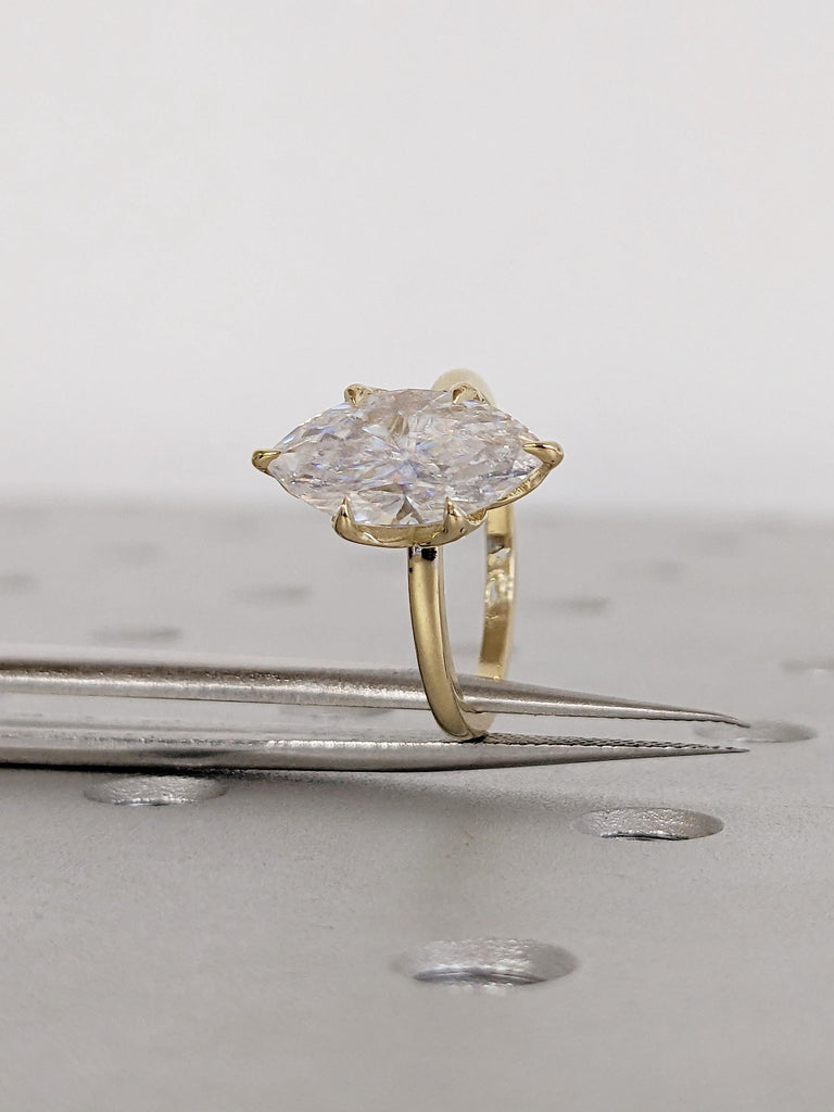 14k Yellow Gold Lab Grown Diamond Ring, Tulip Basket Setting Marquise Engagement Ring, Solitaire Personalized Statement Ring, Nature Jewelry